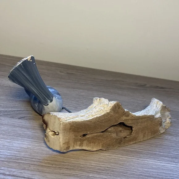Sculpture cat Bird Figurine on Driftwood hand painted